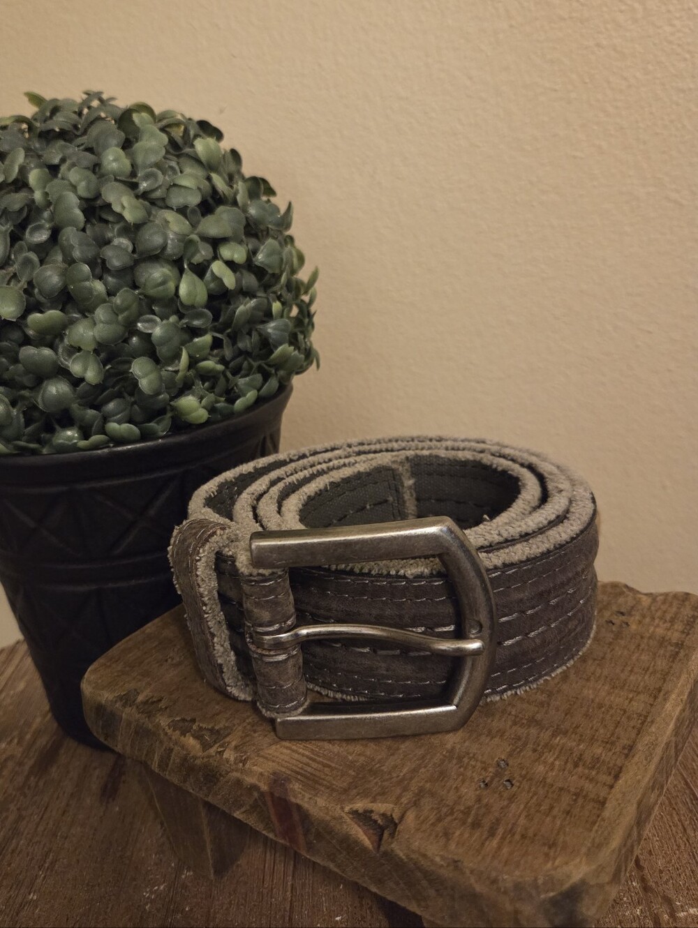 BKE Buckle Superior 11 Olive Green Distressed Raw Edge Leather Canvas Men's Belt